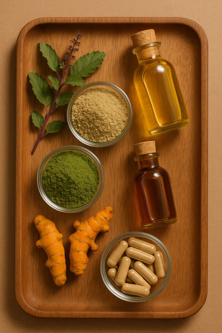 Ayurvedic wellness products with herbs and oils for natural healing