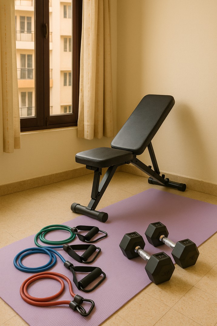 Compact home gym setup in Indian apartment